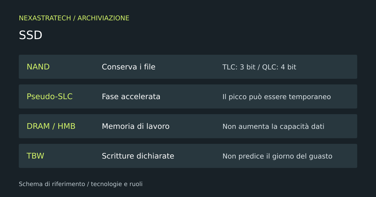 Schema: NAND — Conserva i file; Pseudo-SLC — Fase accelerata; DRAM / HMB — Memoria di lavoro; TBW — Scritture dichiarate