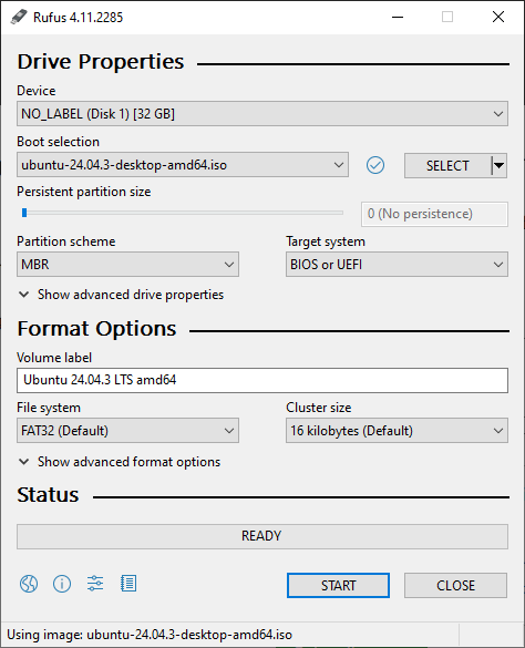 Rufus 4.11 con una ISO Ubuntu selezionata