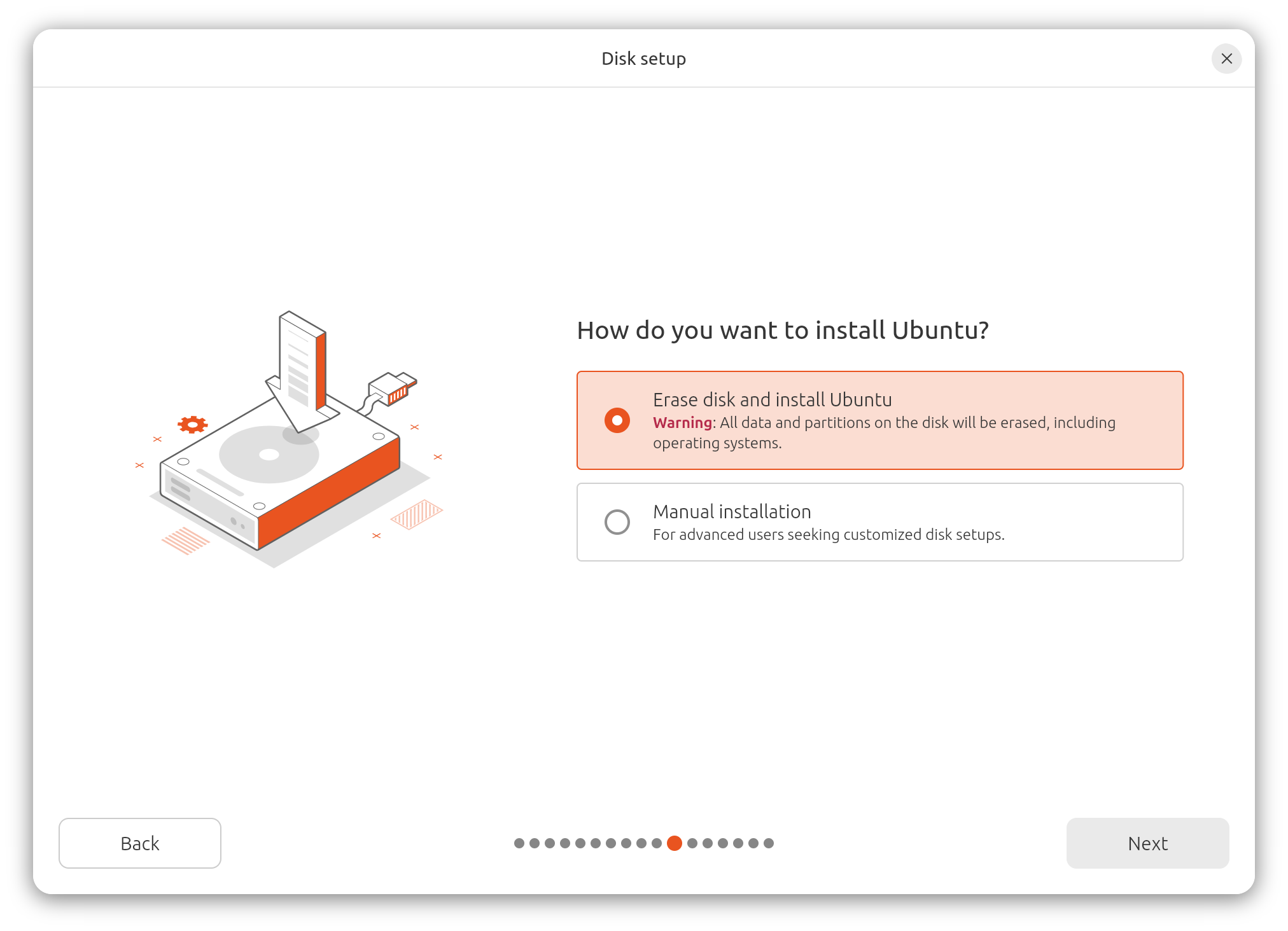 Installer Ubuntu: scelta fra cancellazione del disco e configurazione manuale